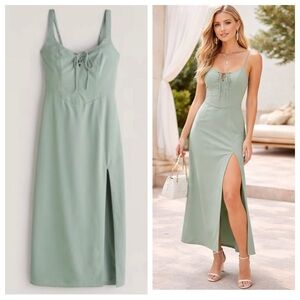 Abercrombie & Fitch Green Corset Lace-Up Midi Dress Medium Tall 36007